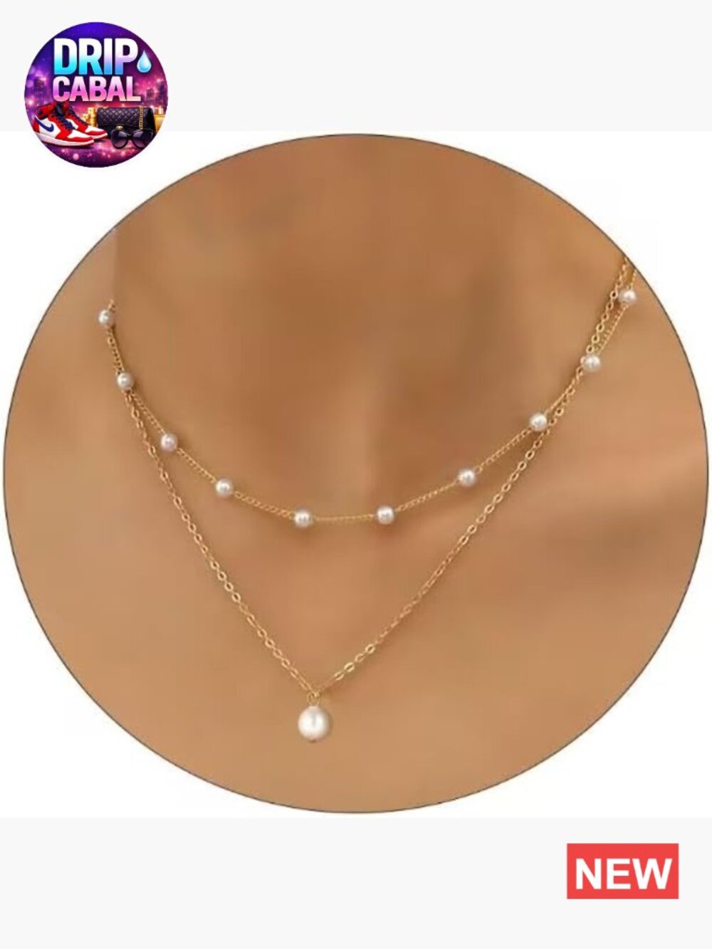 14K Gold Plated Layered Pearl Necklace with Herringbone Chain